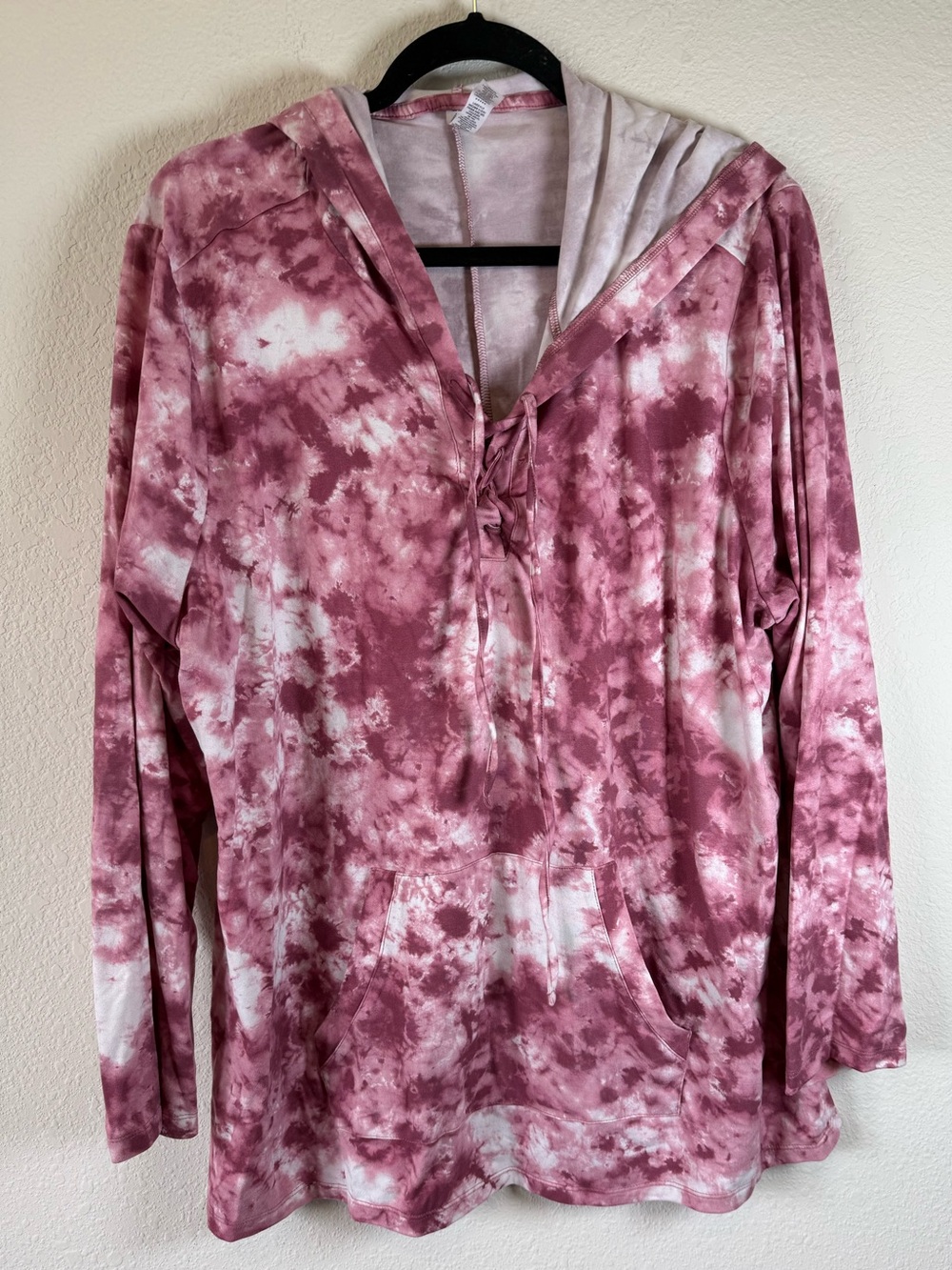 RBX Women's 2X Tie Dye Hooded Pullover Lace-Up Neck Kangaroo Pocket